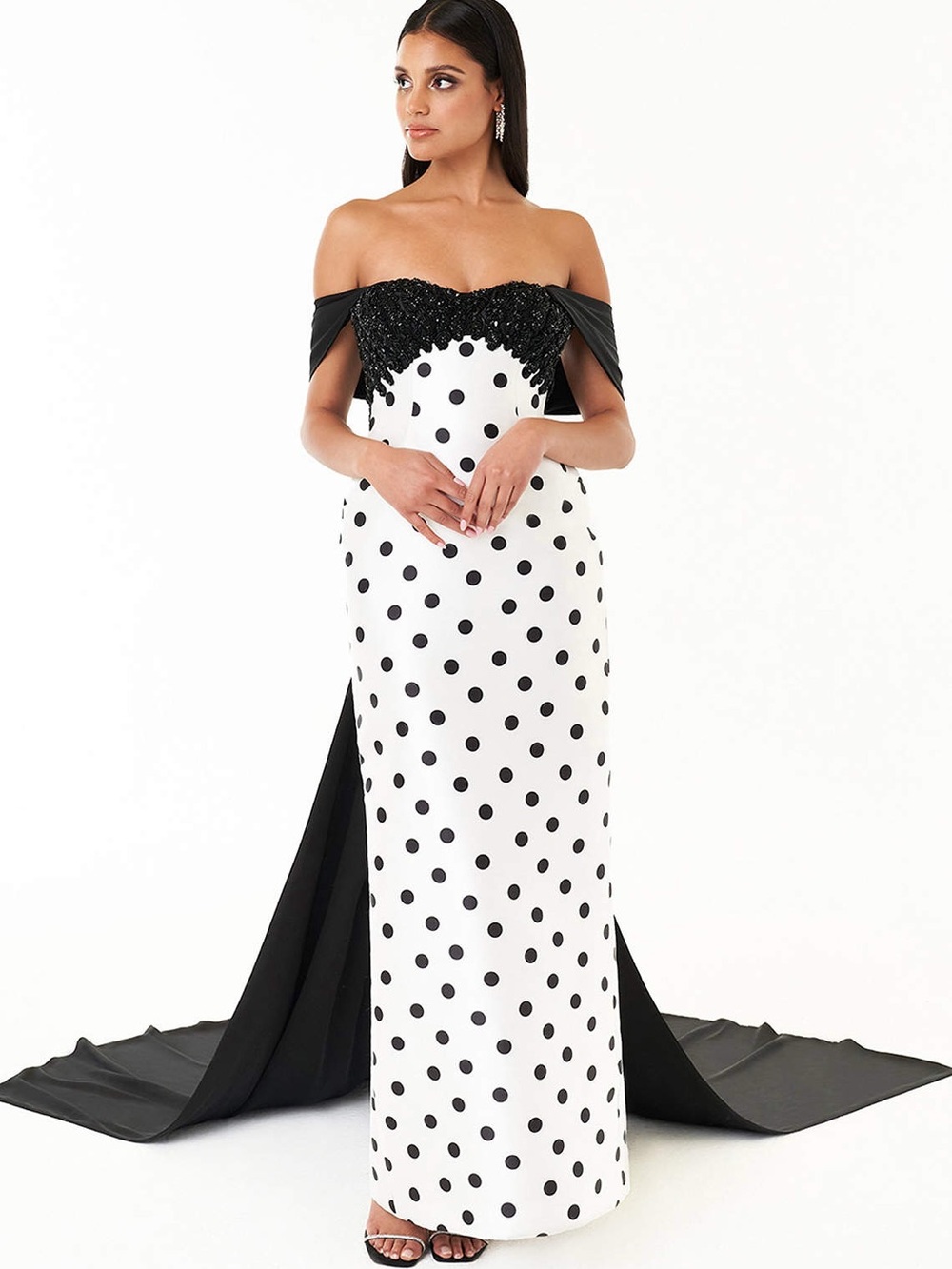 Black & White Polka Dot Off-Shoulder Evening Gown